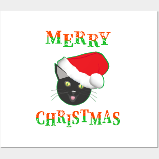 Merry Christmas Smiling Cat Wearing a Santa Claus Hat (White Background) Posters and Art